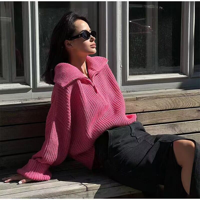 Women Work Business Casual Sweaters Loose Zip Casual Knitted Sweater
