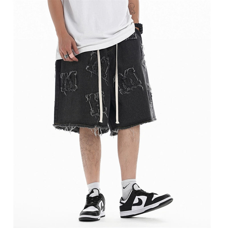 Men Shorts Frayed Affixed Cloth Embroidered Denim Shorts Distressed