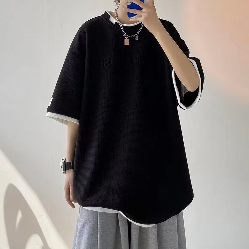 Men's T Shirt Waffle Loose False Two Pieces