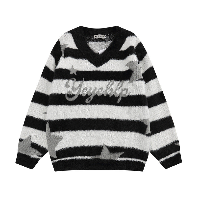 Women Sweater Retro V-neck Striped Knitwear Detachable Sleeves