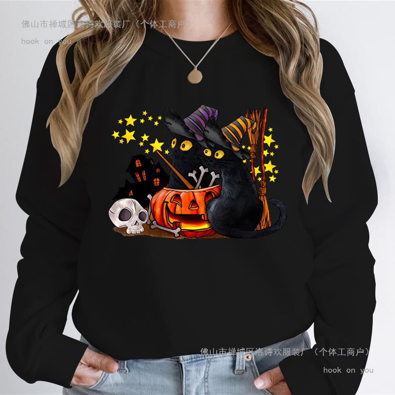 Cat Lover Halloween Ghost Sweatshirts Women Skeleton Black