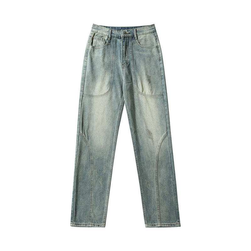 Men Jeans Retro Style Personality Design Stitching Loose Casual