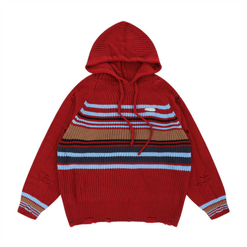 Men Sweater Striped Pullover Sweater with Hat Retro Tatted
