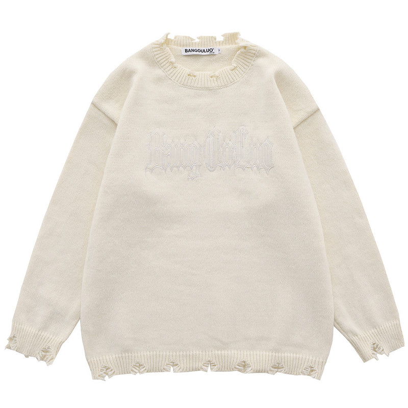 Men Sweater Simple Handmade Ripped round Neck Sweater Loose