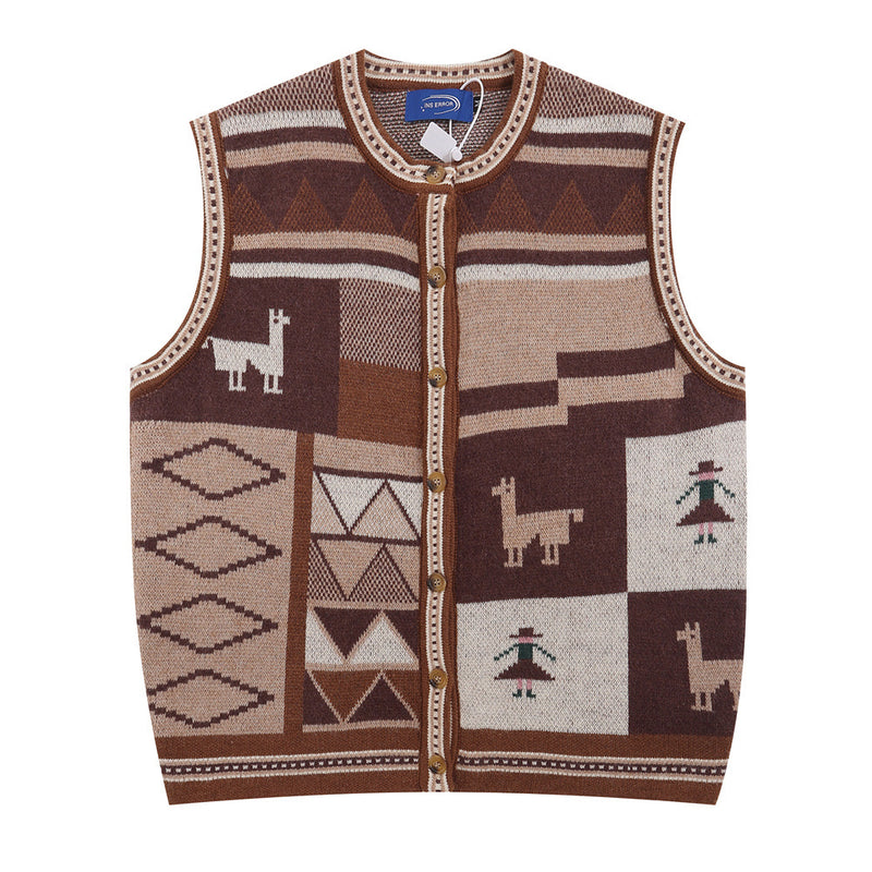 Men Sweater Contrast Color Jacquard round Neck Cardigan Sweater Vest Retro