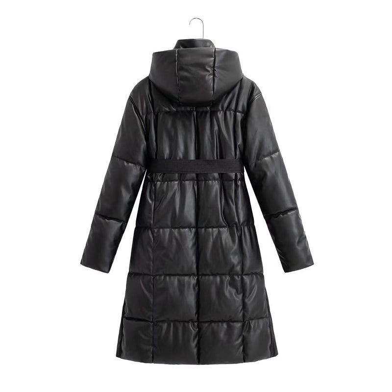 Women Cotton Coat PU Leather Cotton Thickened Zipper