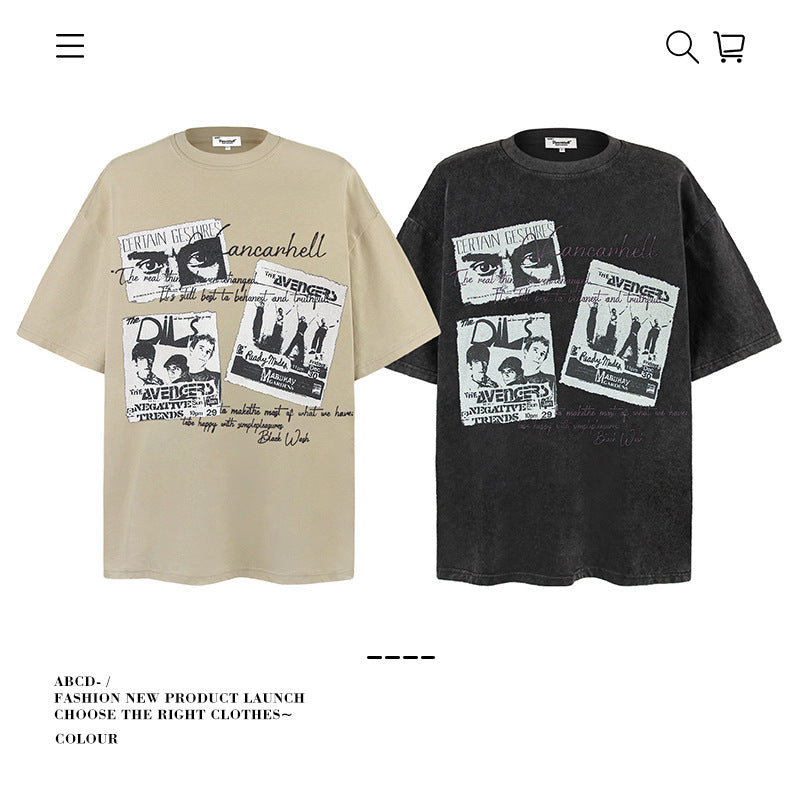 American vintage street T-shirt pure cotton retro men's and women's summer loose