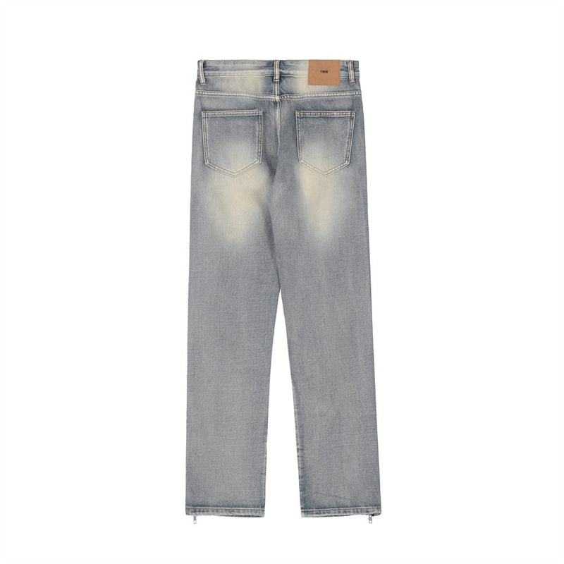 Men Jeans Ripped Brushed Old Zipper Slit