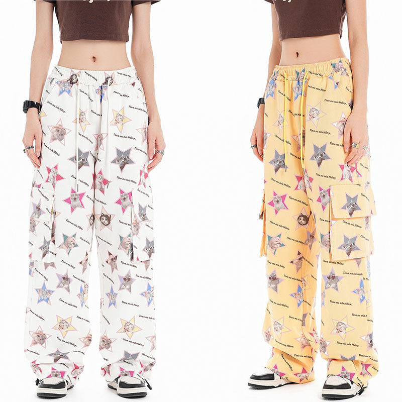 Cargo Pants Summer Cat Full Printed Drawstring