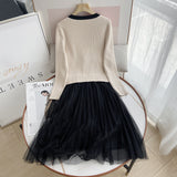 Women Dresses Stitching Gauze Knitting Dress Bow