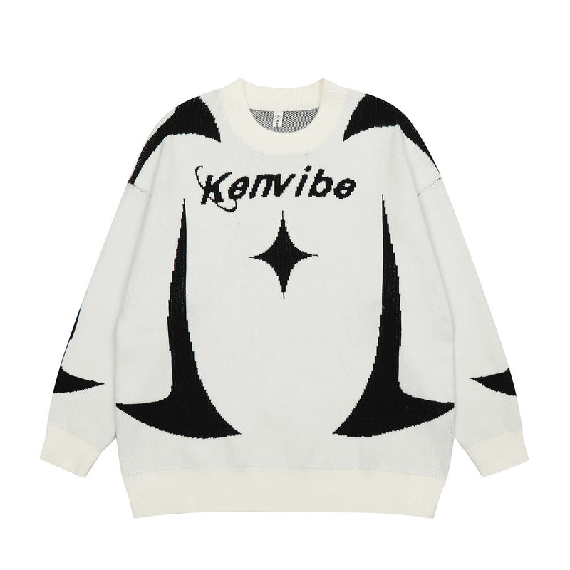 Men Sweater Patchwork Jacquard round Neck Sweater Sweater