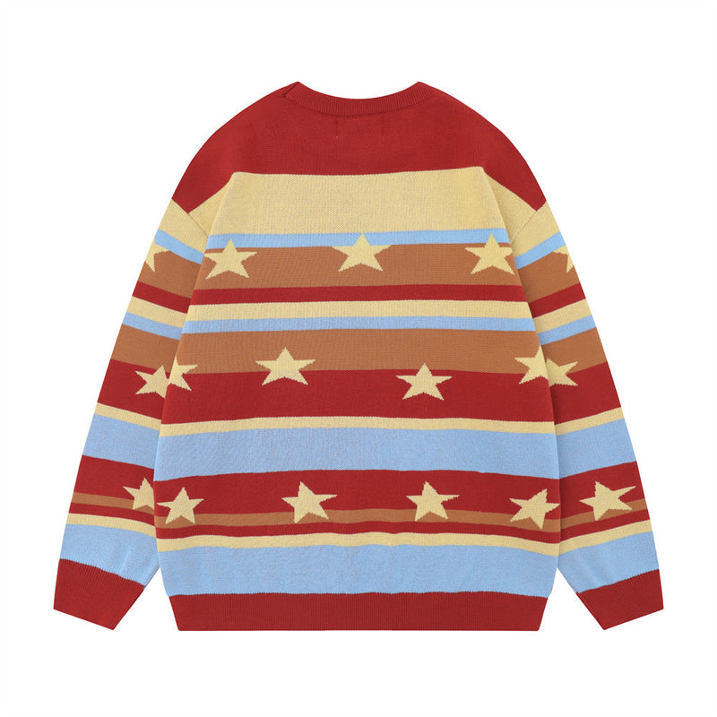 Men Sweater Contrast Color Jacquard Striped XINGX Sweater Loose
