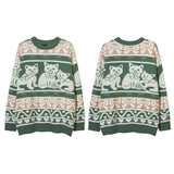 Women Sweater Cat Pattern Crew Neck Sweater Vintage Sweater