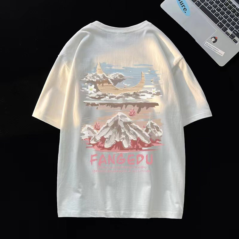 Men T Shirt Retro Loose Student Cotton