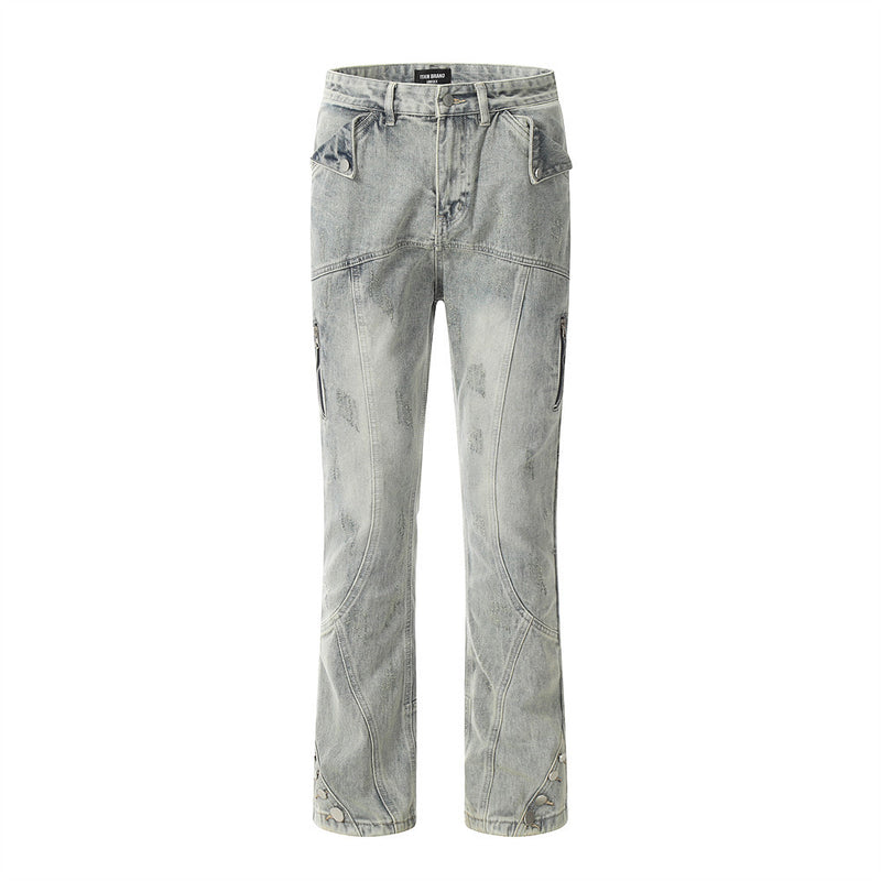 Men Jeans Stitching Zipper Horn Distressed Loose Casual