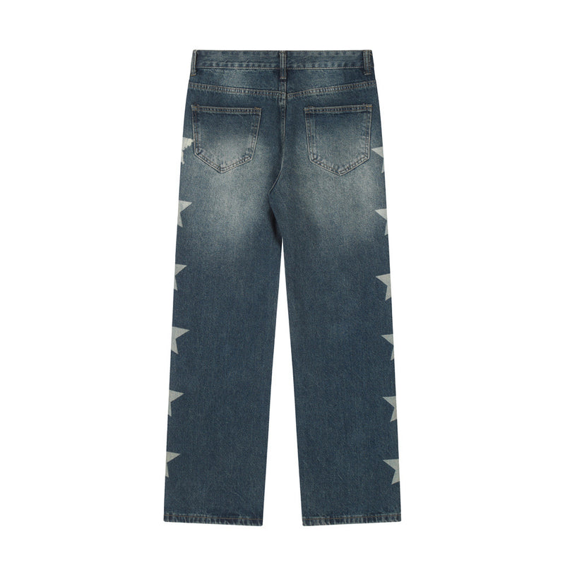 Men Jeans Five-Pointed Star Printing Loose Hole Worn