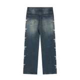 Men Jeans Five-Pointed Star Printing Loose Hole Worn