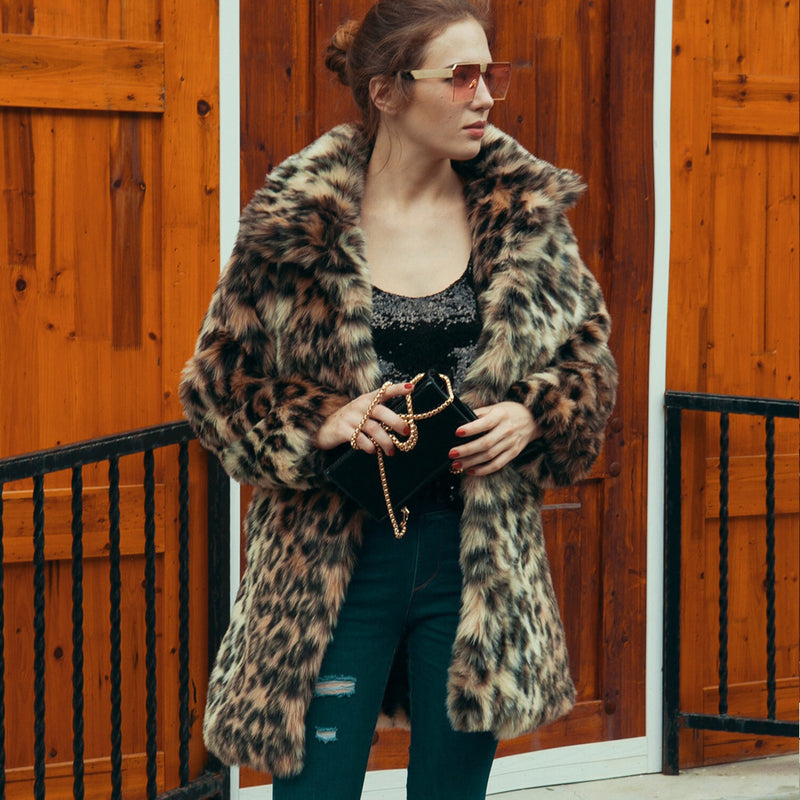 Women Fur Jacket Fashion Leopard Print Thickened Fleece Coat
