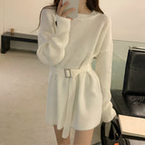 Women Pullover Sweater with Belt Long Knitted Sweater