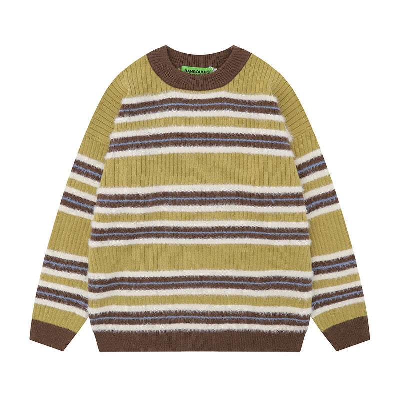 Women Sweater Vintage Contrast Striped Knitted Lazy Sweater