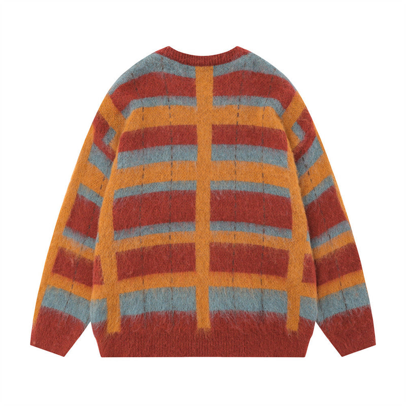 Men Sweater Contrast Color Striped Plaid Knitted Sweater