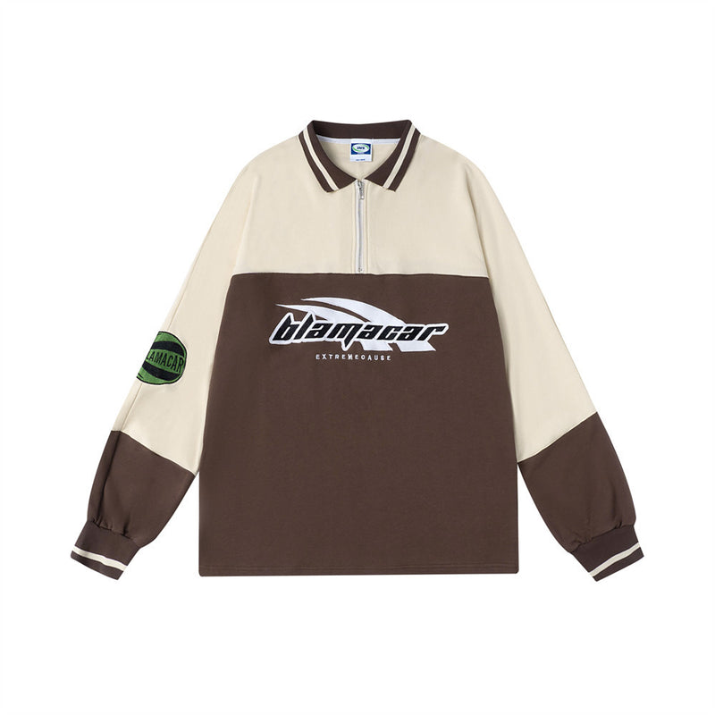 Men Long Sleeve T-Shirt Sports Stitching Half Zipper Polo Shirt Racing