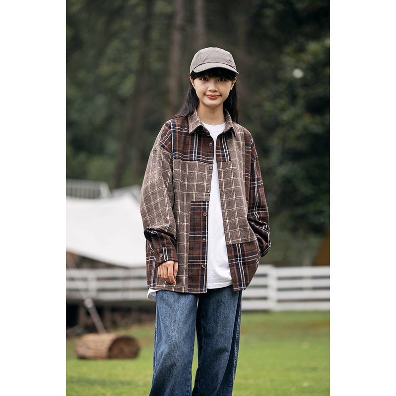 Unisex Shirt Retro Patchwork Plaid Long Sleeve Shirt