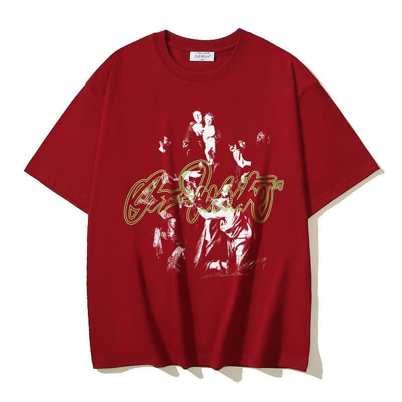 Off White T Shirts OW Vintage Oil Painting Portrait Crew Neck Pullover Short Sleeves