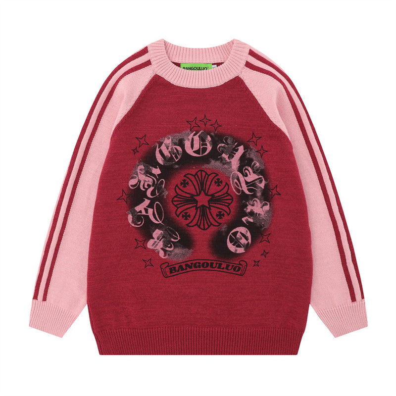 Men Sweater Dark Cross Printed round Neck Sweater