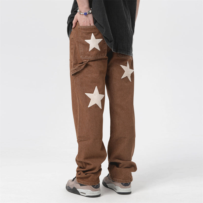 Men Jeans Retro Five-Pointed Star Embroidery Loose Casual