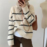 Women Pullover Sweater Vintage Stripe Loose Knit Shirt