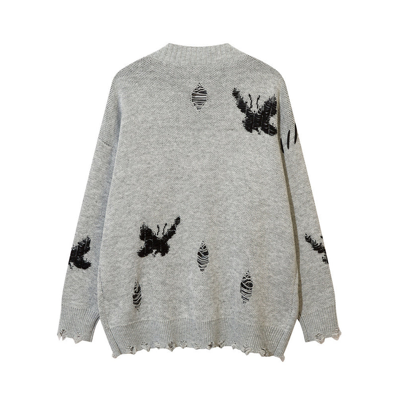 Men Sweater Idle Style V-neck Cardigan Sweater Butterfly Jacquard Ripped