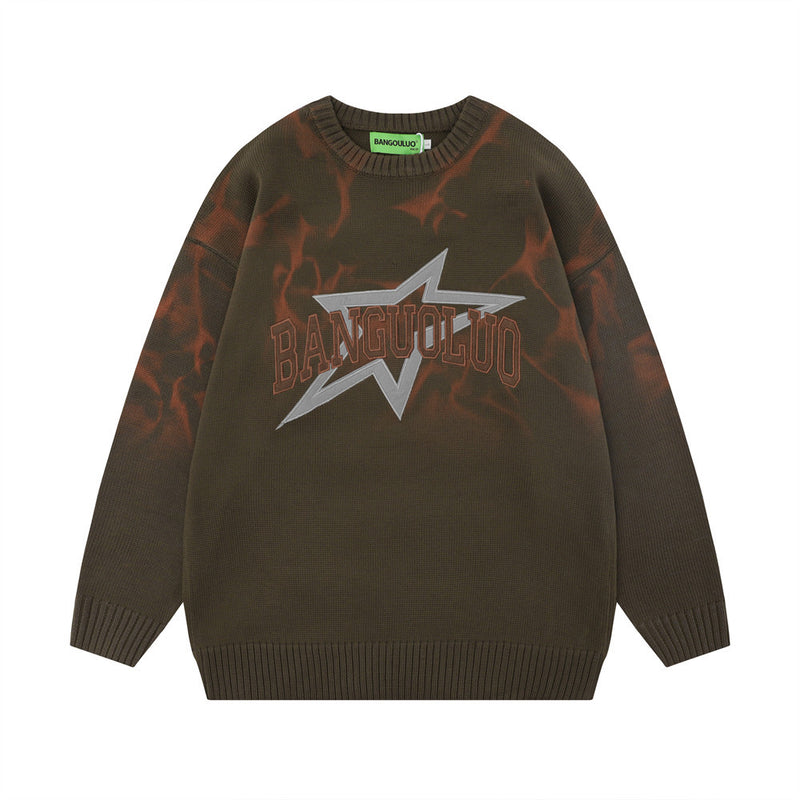 Men Sweater Five-Dyed Spray Painting Rounded Star Embroidery Sweater Dyed Spray Painting round