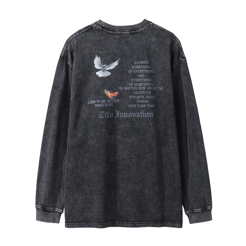 Men Long Sleeve T-shirt Peace Dove Flame Print Distressed