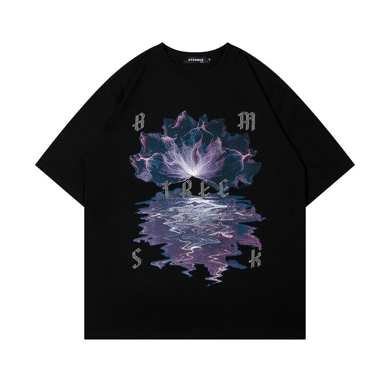 Men T-Shirt Diamond-Embedded Creative Printing Loose