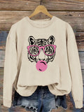 Tiger print sweatshirt, crew neck casual sweatshirt for win