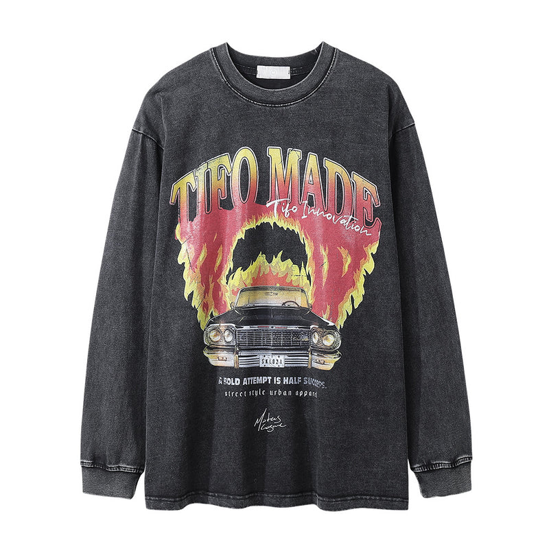 Men Long Sleeve T-Shirt Flame Car Printing Loose Distressed
