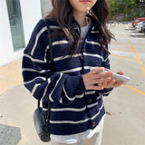 Women Knitted Cardigan Retro Casual Loose Striped Sweater