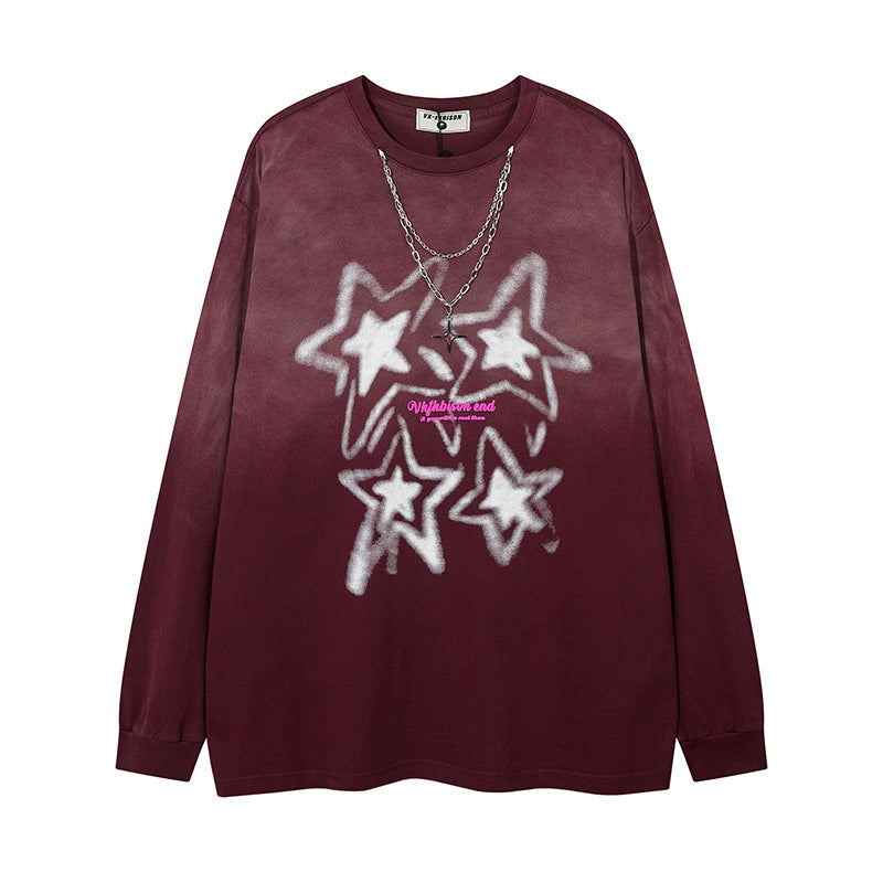 Men Long Sleeve T-Shirt Five-Pointed Star Printing Stylish Chain Decoration