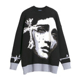 Women Sweater Contrast Color Cross Knitted Sweater Oversize