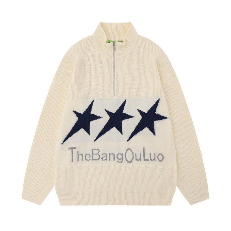 Men Sweater Five-Pointed Star Half Zipped Stand Collar Sweater