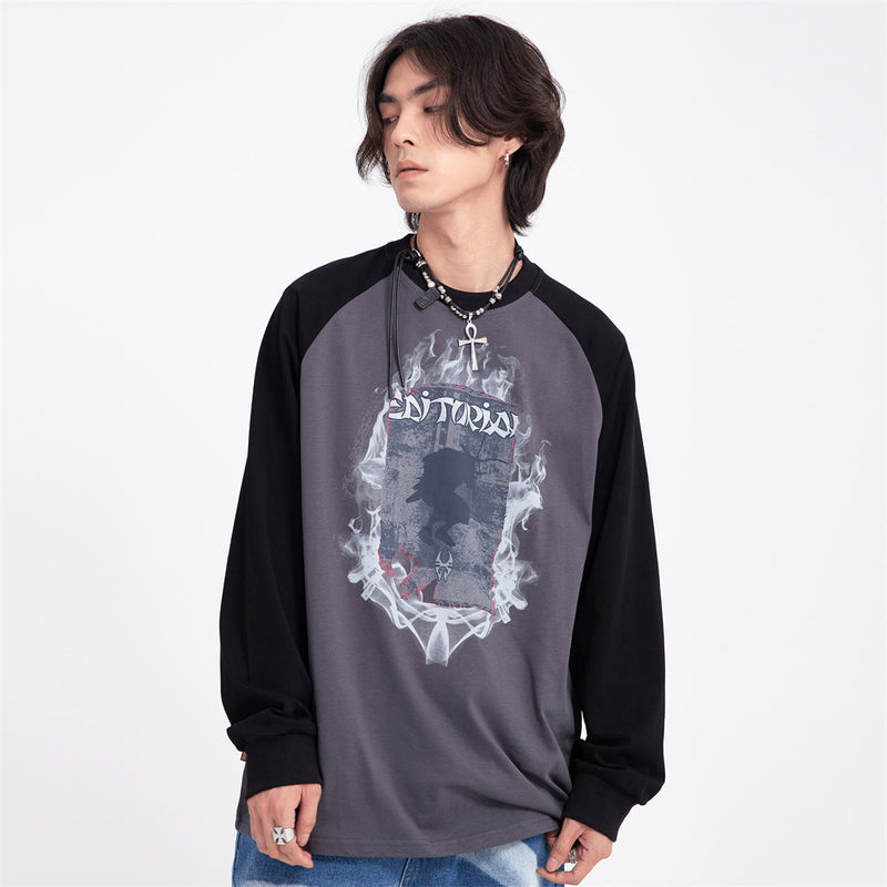 Men Long Sleeve T-Shirt Flame Pattern Stitching