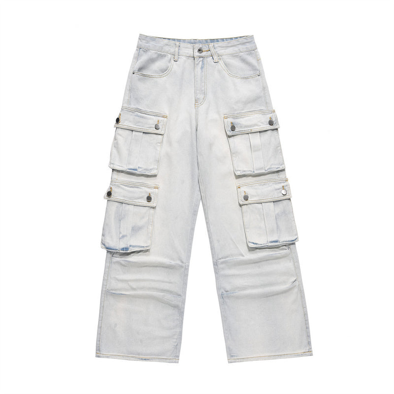 Men Jeans Multi-Pocket Workwear Pleated Loose