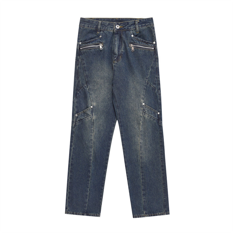 Men Jeans Stitching Boys Loose Casual Zipper Decoration