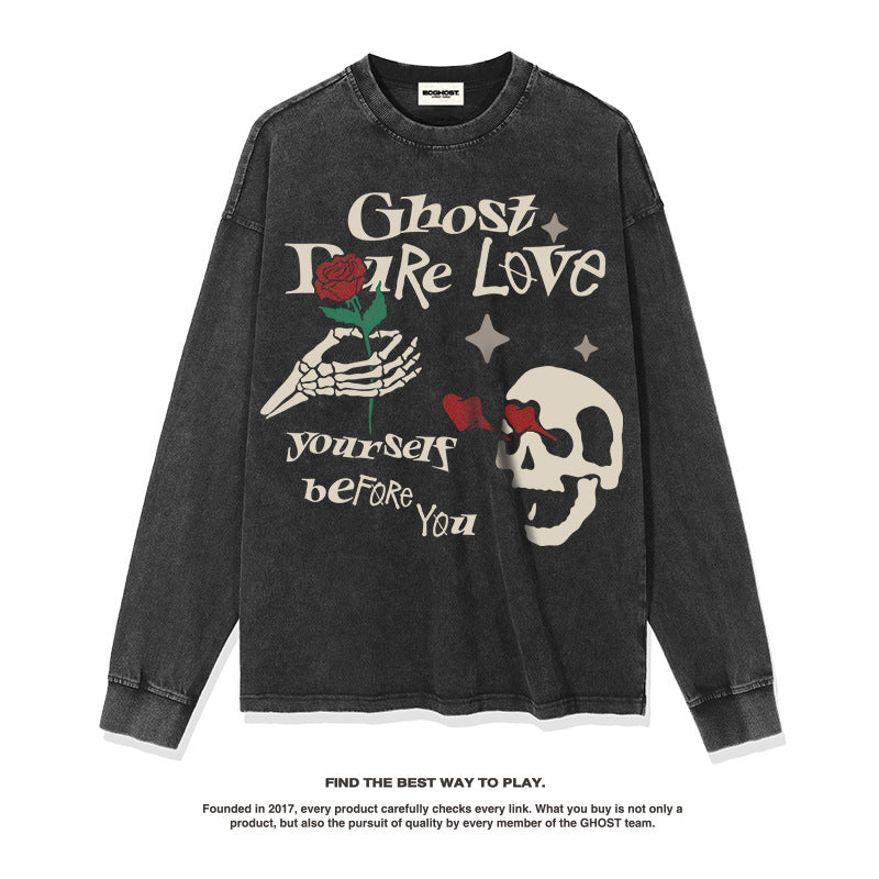 Unisex Long Sleeve Shirt Skull Rose Print