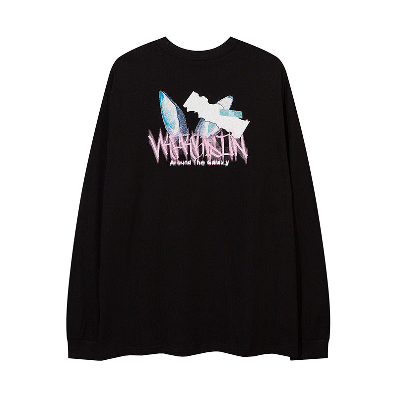 Men Long Sleeve T-Shirt Anime Oil Painting Printing Loose round Neck