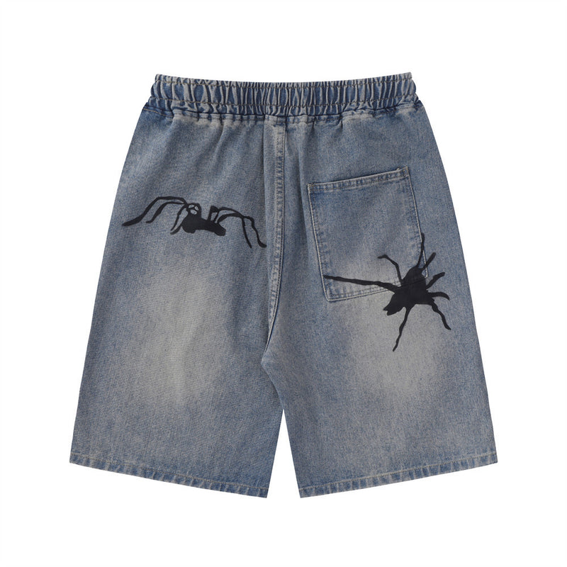 Men Shorts Spider Hand-Painted Denim Shorts Loose Casual Distressed