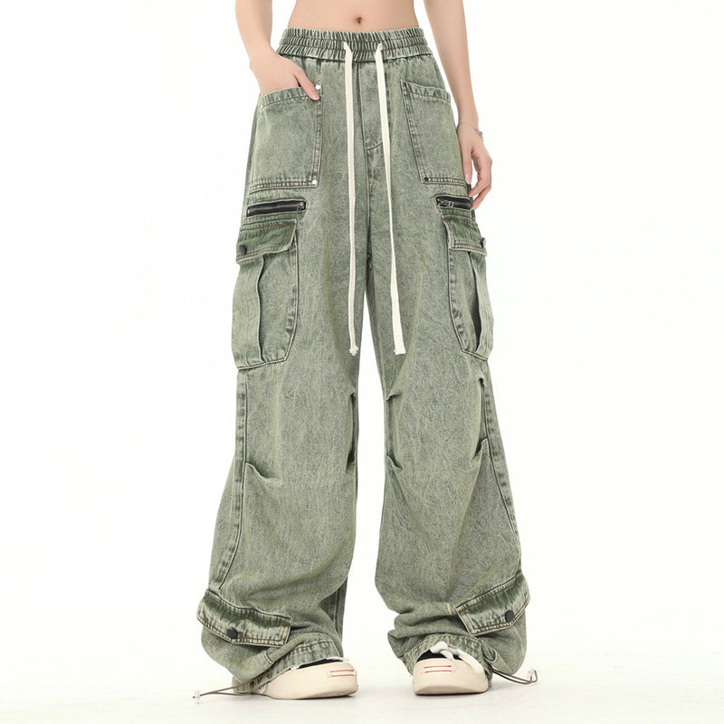 Men Jeans Cargo Jeans Men's Multi-Pocket Drawstring