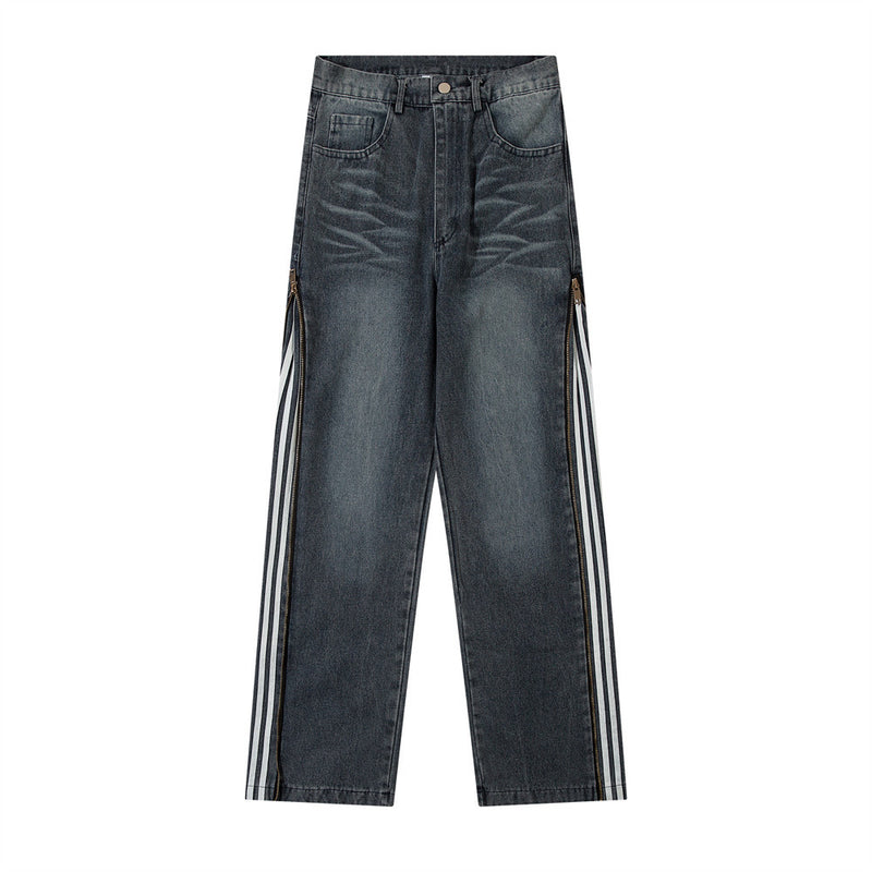 Men Jeans Side Striped Zipper Loose