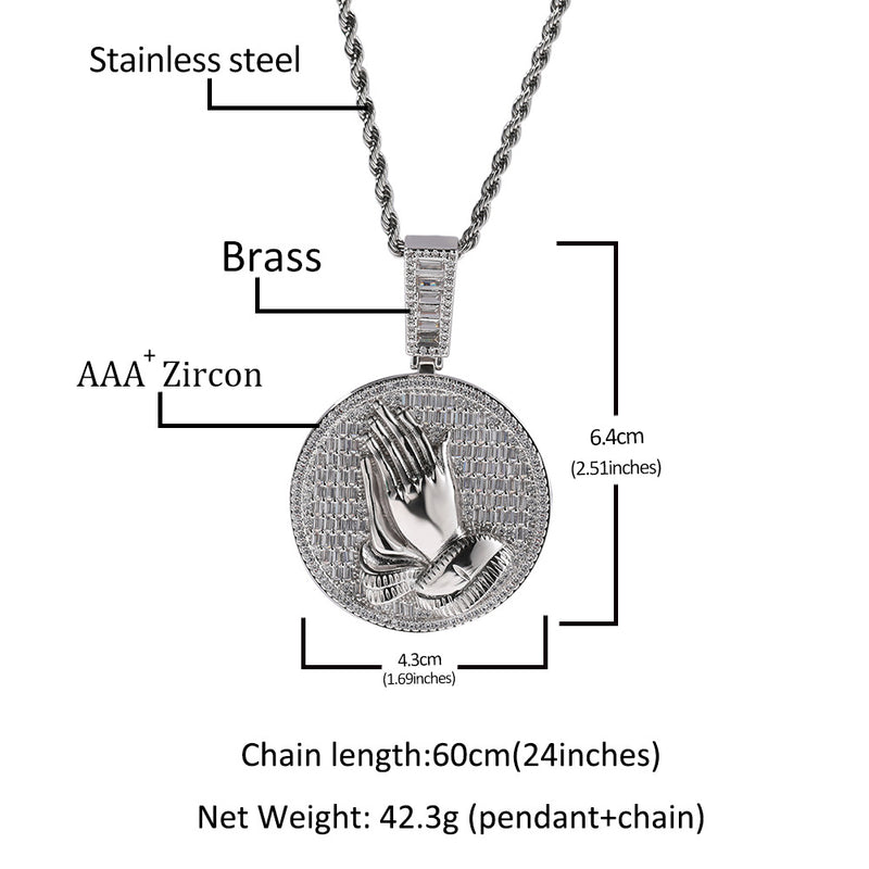Jewelry Disc Fashion Pendant Necklace Copper with Zircon Praying Hand Jesus Pieces Spectrum
